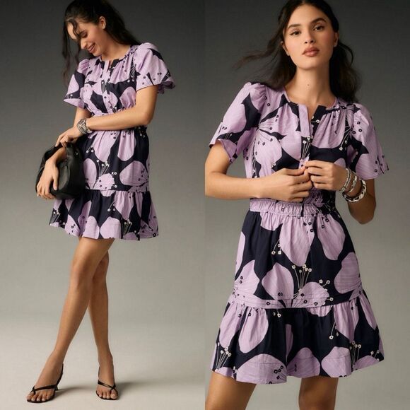 Anthropologie Size L Somerset Mini Dress Purple Floral Tiered Cotton - Picture 2 of 11